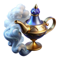 wonderful minimalist A powerful djinn emerging from a swirling cloud of smoke inside a ornate brass lamp, illuminated by an internal glow, in an Arabian Nights style detailed png