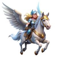 elegant rustic A beautiful Valkyrie with winged helmet and shining armor, riding a winged horse through a stormy sky, in a Norse mythology-inspired style detailed png