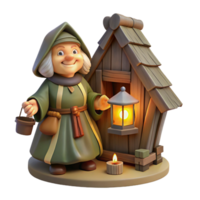dramatic rustic A wise old Baba Yaga residing in her chicken-legged hut, deep within a dark forest, illuminated by a single flickering lantern, in a Slavic folklore-inspired style 4K png