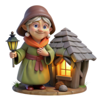 extraordinary modern A wise old Baba Yaga residing in her chicken-legged hut, deep within a dark forest, illuminated by a single flickering lantern, in a Slavic folklore-inspired style high quality png