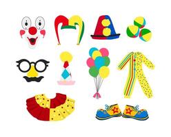A playful collection of clown-themed elements, for April Fools Day designs, circus themes, party decorations, and festive projects. vector