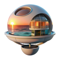 wonderful abstract Floating spherical house, minimalist design, panoramic ocean view, sunset lighting, futuristic architecture visualization premium png