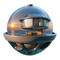 vibrant artistic Floating spherical house, minimalist design, panoramic ocean view, sunset lighting, futuristic architecture visualization genuine png