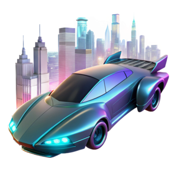 deslumbrante clássico futurista vôo carro, lustroso aerodinâmico projeto, brilhando néon acentos, paisagem urbana pano de fundo, cyberpunk ilustração genuíno png