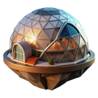 serene modern Floating geodesic dome home, transparent shell, panoramic mountain views, sunset lighting, futuristic architecture visualization exclusive png