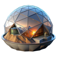 dramatic classic Floating geodesic dome home, transparent shell, panoramic mountain views, sunset lighting, futuristic architecture visualization 4K png