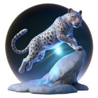 vibrant creative A majestic snow leopard leaping across a chasm, illuminated by a single ray of moonlight, rendered in a hyperrealistic style exclusive png