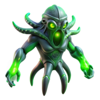 beautiful artistic A powerful, bioluminescent alien creature, with tentacles of glowing green light, floats in the darkness of space. Dramatic spotlighting. Biopunk style original png