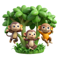 magnificent creative A group of playful monkeys swinging through the trees in a lush rainforest. Natural lighting, vibrant green foliage. Cartoon style authentic png