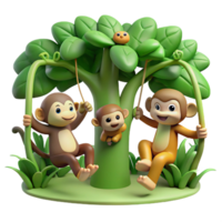 elegant classic A group of playful monkeys swinging through the trees in a lush rainforest. Natural lighting, vibrant green foliage. Cartoon style authentic png