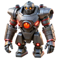 serene creative A colossal, robotic sentinel, with glowing red eyes and heavy weaponry, stands guard over a desolate, futuristic landscape. Harsh, industrial lighting. Dieselpunk style premium png
