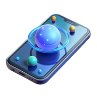 extraordinary vintage A levitating transparent smartphone displaying a 3D model of the solar system, illuminated by a cool blue light, in a minimalist style exclusive png