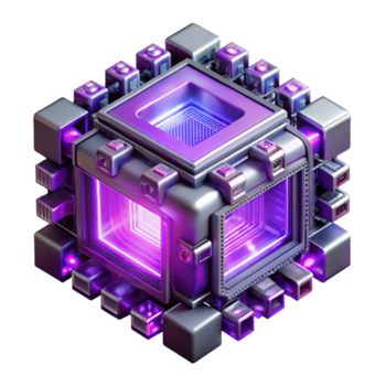 dramático minimalista un cuántico computadora centro, brillante con un intenso púrpura luz, rodeado por complejo circuitos, en un Ciencias ficción estilo original png