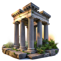 elegant traditional Greek temple ruins, weathered marble columns, overgrown with vegetation, dramatic sunset lighting, 8k, high detail, authentic png