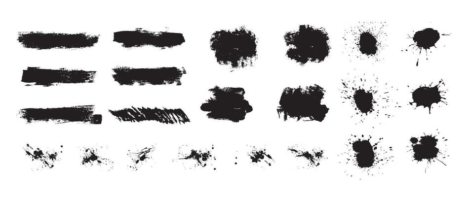 Mega bundle of different ink brush strokes, rectangle, square and round freehand drawings. Ink splatters, grungy painted lines, artistic design elements. paintbrush set.