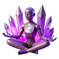wonderful traditional A solitary, robotic figure meditating amidst a field of glowing crystals, bathed in soft, purple light. Rendered in a minimalist, geometric style premium png