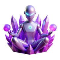 extraordinary modern A solitary, robotic figure meditating amidst a field of glowing crystals, bathed in soft, purple light. Rendered in a minimalist, geometric style authentic png