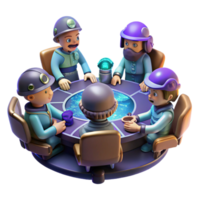 serene creative A group of space pirates gathered around a holographic map, illuminated by the dim light of their spaceship's control panel. Gritty, realistic style detailed png