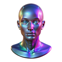 serene modern A holographic projection of a human face, glitching and distorting, illuminated by flickering neon lights. Cyberpunk style genuine png