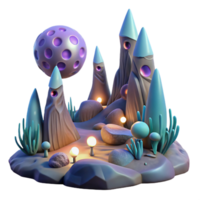 beautiful traditional An alien landscape with strange, glowing flora and towering rock formations, illuminated by the light of multiple moons. Surreal, otherworldly style authentic png