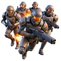 dramatic contemporary A group of futuristic soldiers in power armor, charging into battle, illuminated by muzzle flashes and explosions. Dynamic, action-packed style detailed png