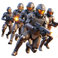 beautiful modern A group of futuristic soldiers in power armor, charging into battle, illuminated by muzzle flashes and explosions. Dynamic, action-packed style exclusive png