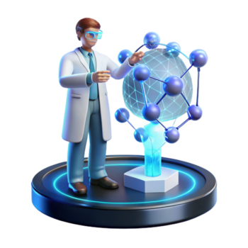 meraviglioso creativo un' scienziato Lavorando su un' olografico interfaccia, complesso dati flussi fluente attraverso il schermo, freddo blu illuminazione, futuristico e tecnologico, alto risoluzione png