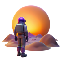 impressive modern A lone figure in a spacesuit gazing at a binary sunset on an alien planet, warm orange and purple hues, melancholic and atmospheric, high resolution png