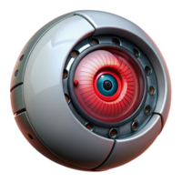 serene minimalist A close-up of a cyborg's eye, intricate mechanical details, glowing red iris, dark and moody, high quality png