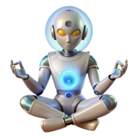 vibrant contemporary A humanoid robot meditating in a lotus position, energy flowing through its circuits, soft, ambient lighting, serene and peaceful, professional png