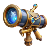 serene creative A steampunk telescope with intricate brass detailing and a magnifying lens, pointing towards a distant star, cool, blue lighting. Steampunk art style premium png
