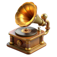 impressive artistic A steampunk gramophone with a brass horn and a spinning vinyl record, playing a melancholic melody, warm, golden lighting. Steampunk art style 4K png