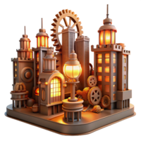 serene artistic A steampunk cityscape with towering buildings made of gears and cogs, illuminated by glowing streetlights, warm, orange lighting. Steampunk art style 4K png