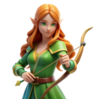 dramatic rustic A graceful elf maiden with long, flowing auburn hair and emerald green eyes, holding a bow and arrow, poised to shoot. Soft, ethereal lighting. Pre-Raphaelite style high resolution png