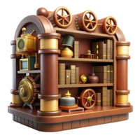 serene abstract A steampunk library with shelves filled with leather-bound books and intricate clockwork devices, warm, inviting lighting. Steampunk art style high resolution png