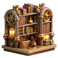 serene artistic A steampunk library with shelves filled with leather-bound books and intricate clockwork devices, warm, inviting lighting. Steampunk art style premium png