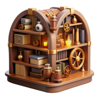 magnificent modern A steampunk library with shelves filled with leather-bound books and intricate clockwork devices, warm, inviting lighting. Steampunk art style exclusive png