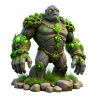 stunning contemporary A towering stone golem, covered in moss and vines, awakens in a forest clearing. Dim, mysterious lighting. Dark fantasy style high quality png