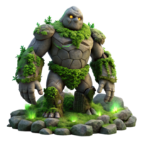 magnificent vintage A towering stone golem, covered in moss and vines, awakens in a forest clearing. Dim, mysterious lighting. Dark fantasy style high resolution png