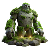 magnificent modern A towering stone golem, covered in moss and vines, awakens in a forest clearing. Dim, mysterious lighting. Dark fantasy style professional png
