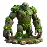 serene contemporary A towering stone golem, covered in moss and vines, awakens in a forest clearing. Dim, mysterious lighting. Dark fantasy style exclusive png