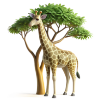 impressive modern A graceful giraffe reaching for leaves on a tall tree, dappled sunlight filtering through the leaves, photorealistic style high resolution png
