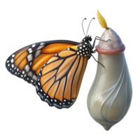 vibrant classic A monarch butterfly emerging from its chrysalis, wings still wet and crumpled. Macro photography, soft lighting genuine png