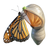 elegant artistic A monarch butterfly emerging from its chrysalis, wings still wet and crumpled. Macro photography, soft lighting exclusive png