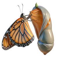 wonderful vintage A monarch butterfly emerging from its chrysalis, wings still wet and crumpled. Macro photography, soft lighting premium png