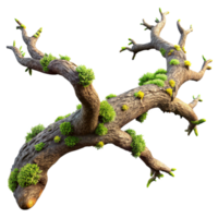 extraordinary vintage A gnarled oak tree branch covered in moss and lichen, lit by golden hour sunlight. Realistic style, detailed textures high resolution png