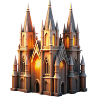 serene classic A towering Gothic skyscraper, intricate gargoyles perched along its spires, bathed in the warm glow of a setting sun, rendered in a hyperrealistic style high quality png