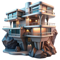 extraordinary creative A futuristic apartment complex built into a cliff face, sleek, metallic design, dramatic lighting, sci-fi art high resolution png