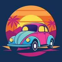 a cartoon car with palm trees and a sunset in the background vector