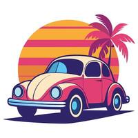 retro car with palm tree and sunset illustration vector